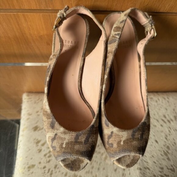 Pre-Loved Stuart Weitzman Camo Peep-Toe Cork Wedge Slingback - Size 6 - Picture 2 of 8